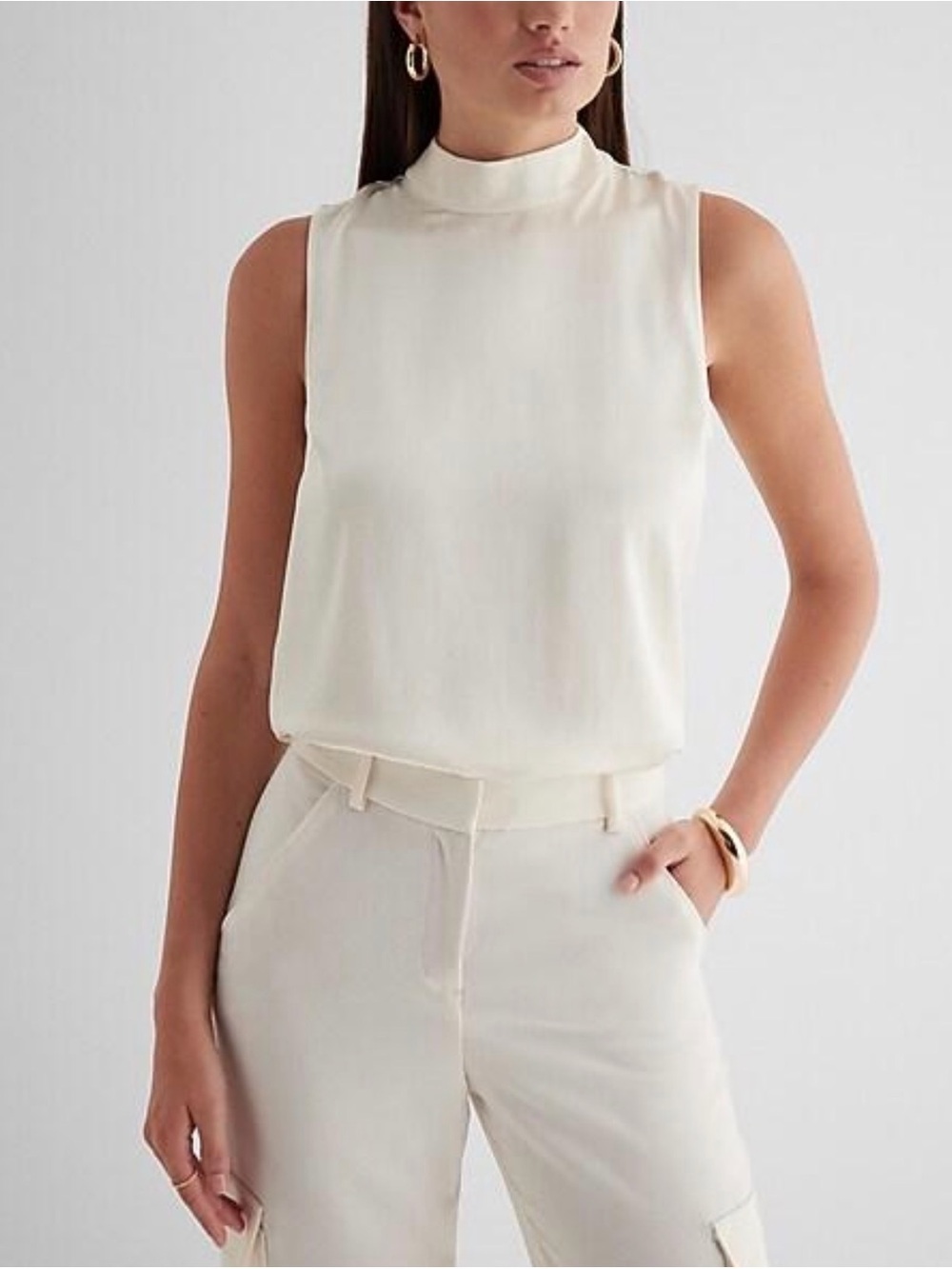 Express Ivory Satin Mock Neck Sleeveless Blouse Size Small